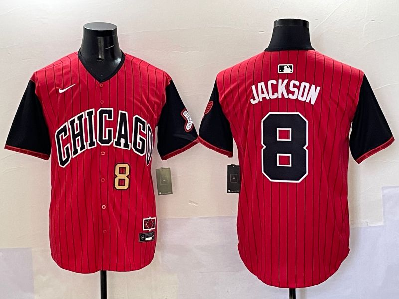 Men Chicago White Sox 8 Jackson Red Stripe Joint Name Nike 2025 MLB Jersey style 3